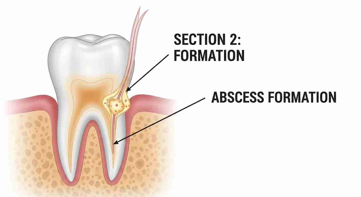 Infographic showing the stages of a tooth infection from early pulpitis to systemic spread.